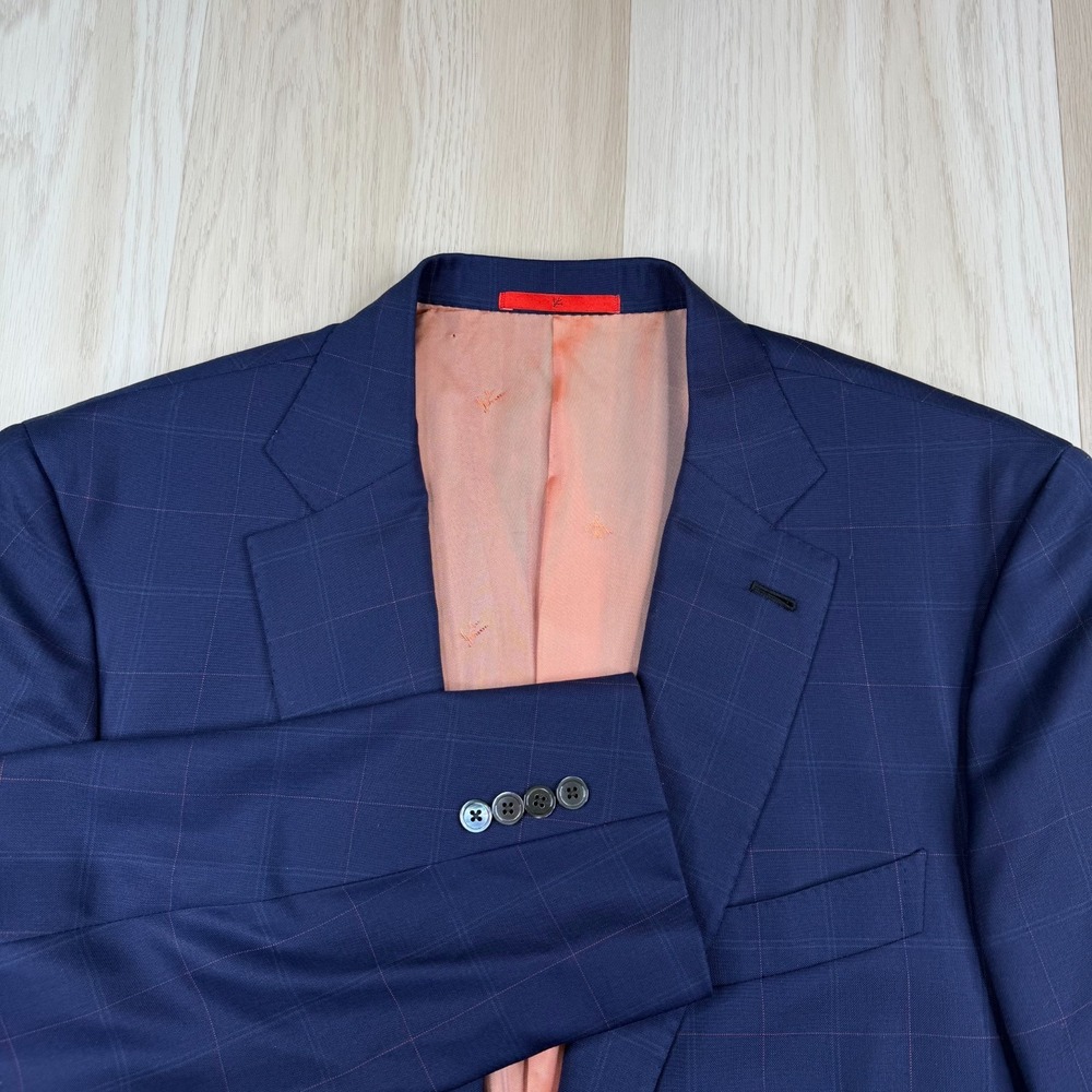 Isaia Napoli Mens Blue Windowpane Wool Classic 160's Aqua Spider Blazer Size 44